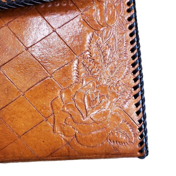 Vintage Crossbody Purse Handbag Brown Leather Tooled Whipstitch Gold Closure - Picture 14 of 15